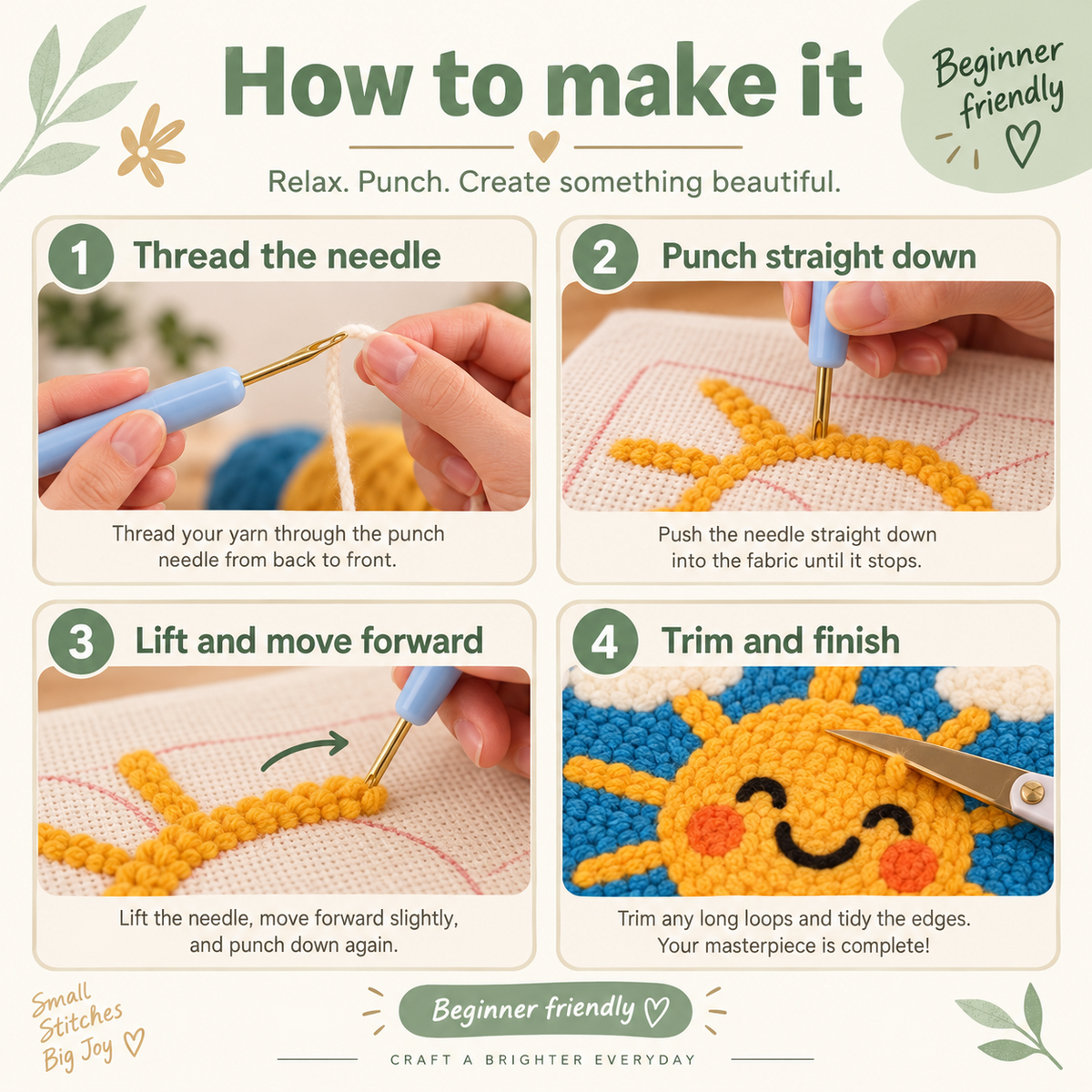 Supperstitch beginner punch needle instructions showing threading, punching, moving forward and trimming