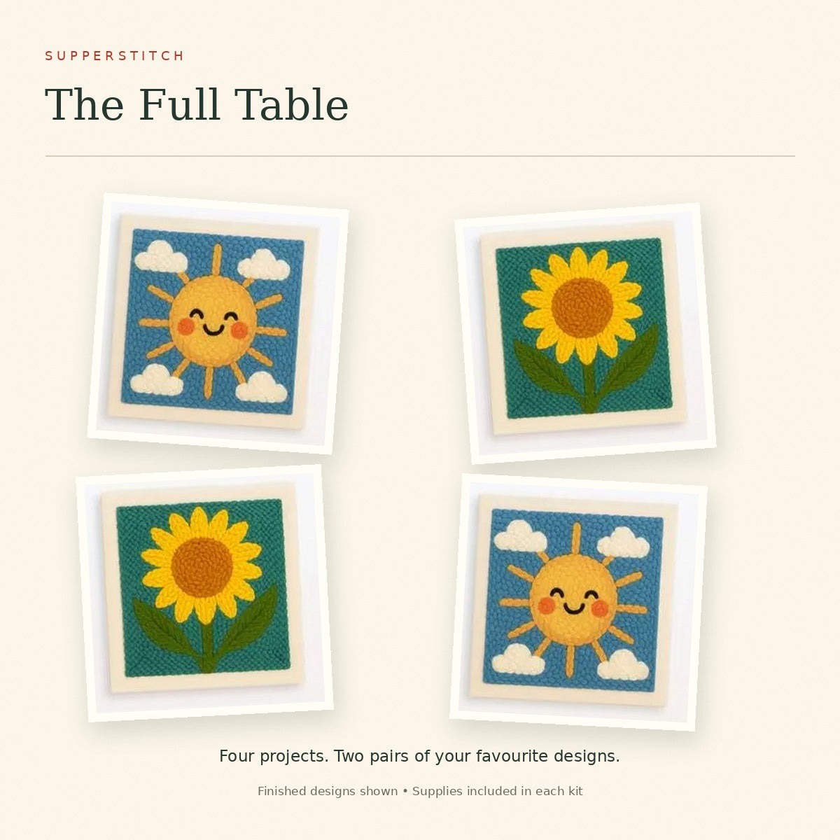 The Full Table: four punch-needle projects, with two Sunny Day and two Sunflower finished examples.