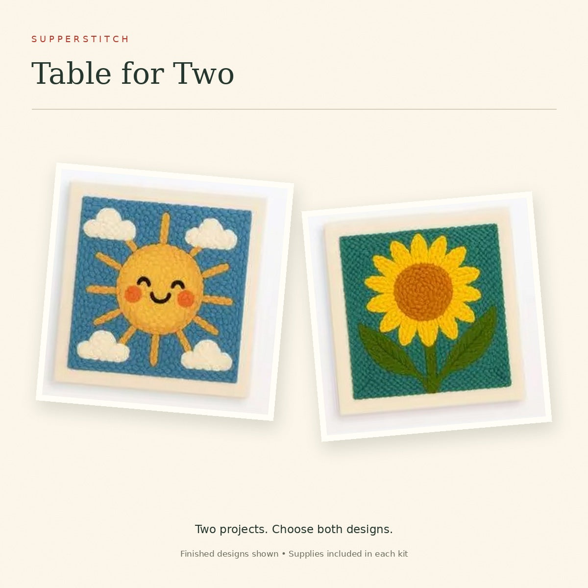 Table for Two: two punch-needle projects, with Sunny Day and Sunflower shown as finished examples.